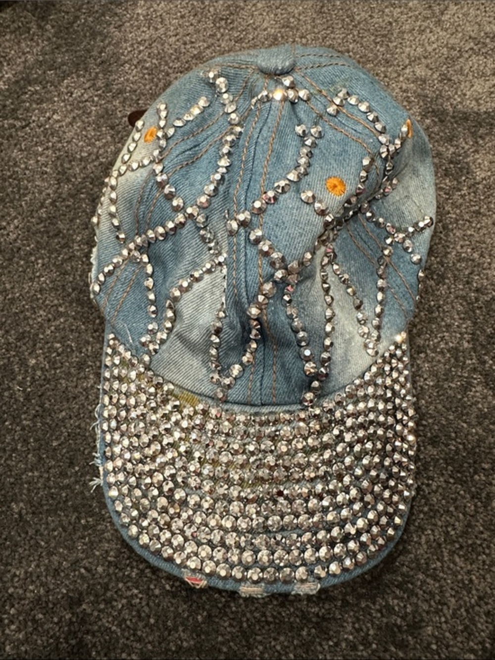 Embellished Denim Crystal Baseball Cap - Light Blue